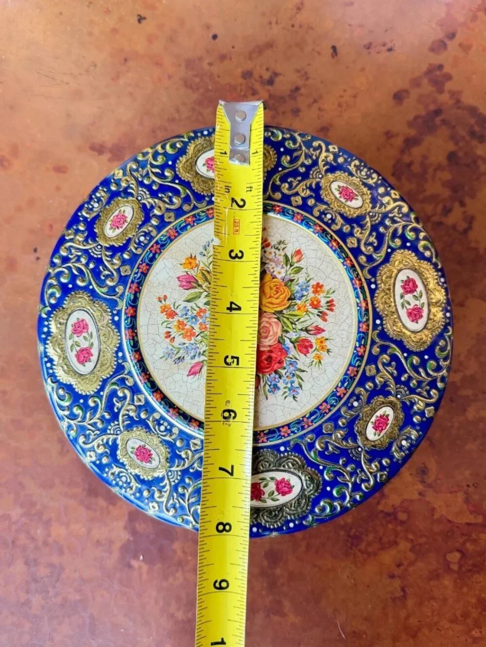 Vintage Container Holland Blue Gold Floral Round Cookie Tin 8”
